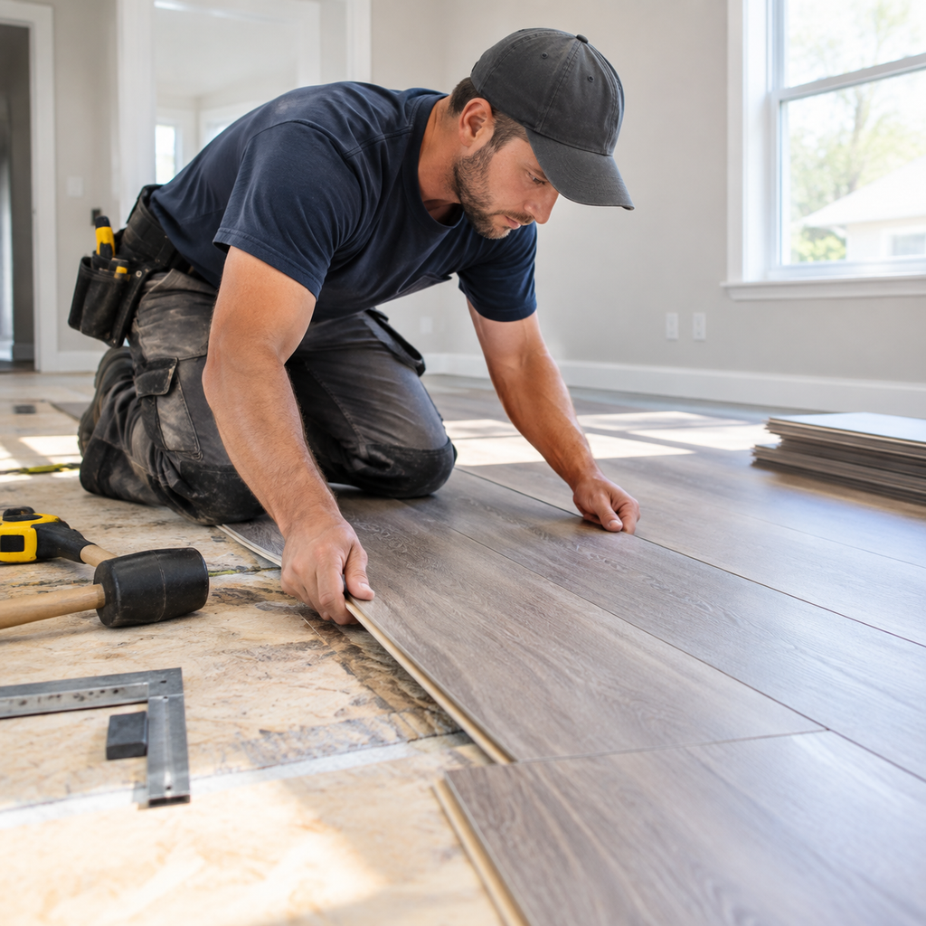 Professional installing flooring