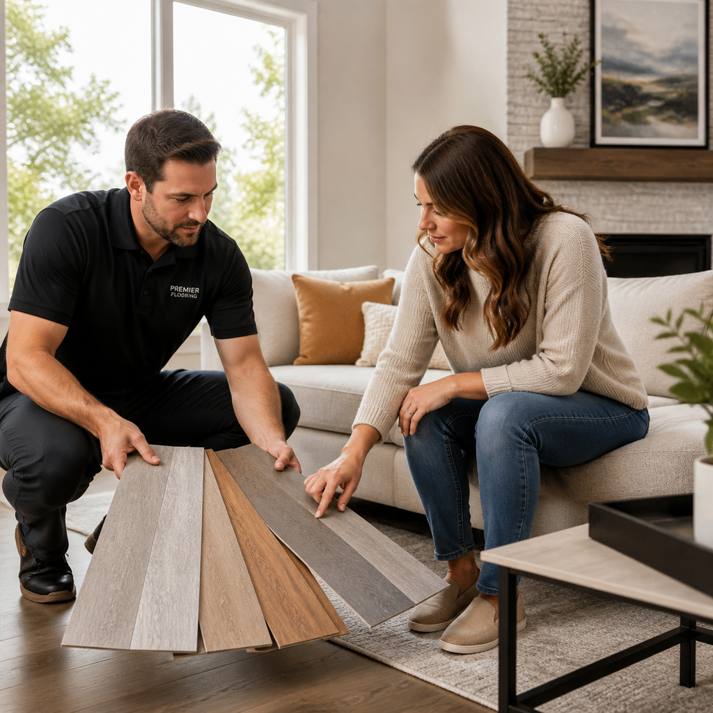 Flooring samples being shown during home consultation